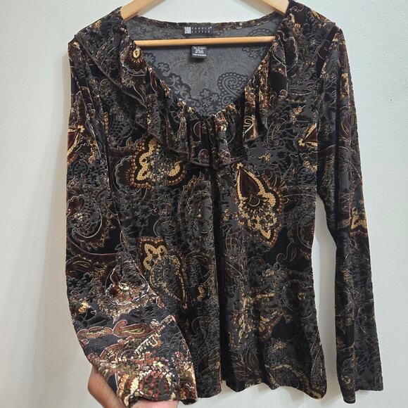 Carole Little Womens Vtg Y2K Whimsigoth Velvet Burnout Sheer Paisley Ruffle M - Picture 3 of 10